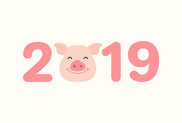 2019 Chinese New Year greeting card with cute pig face, numbers. Vector illustration. Isolated objects on white background. Flat style design. Concept for holiday banner, decorative element.