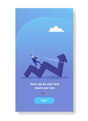businessman ride arrow pulling up financial success curved line economic strategy concept flat vertical copy space