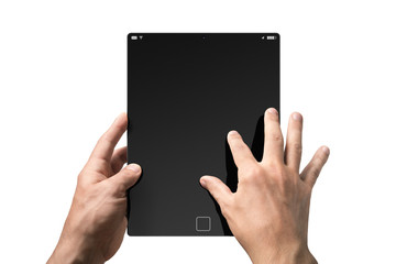 Tablet computer user. Male hands hold device. Isolated on white background.