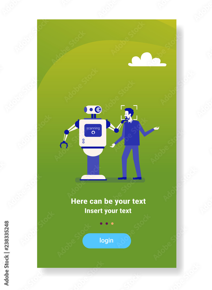 Poster robot scanning man face getting access face identification scanning biometric technology recognition