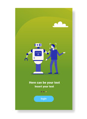 robot scanning man face getting access face identification scanning biometric technology recognition system concept vertical flat copy space