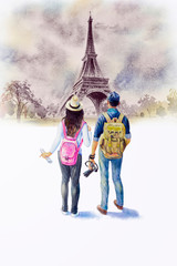 France, Eiffel tower and tourism, watercolor painting