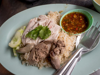 Close up Hainanese chicken rice (Khao Man Kai), Thai street food.