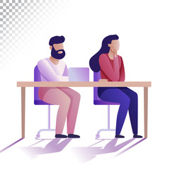 Modern people flat illustration. Young man and woman are sitting at the table. Vector illustration on a transparent background.