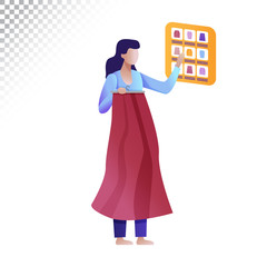 Modern woman flat illustration. The Woman choosing and purchasing clothes online. Vector illustration on a transparent background.