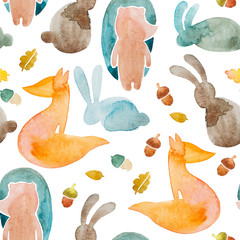 Watercolor seamless pattern with simple animals in kids stile on white background.