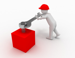 3d man with fork spanner tightening a nut on white background