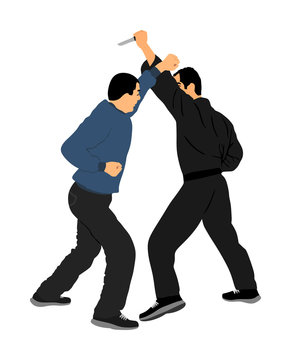 Self defense battle vector illustration. Man fighting against aggressor with knife. Krav maga demonstration in real situation. Combat for life against terrorist. Army skill in action.