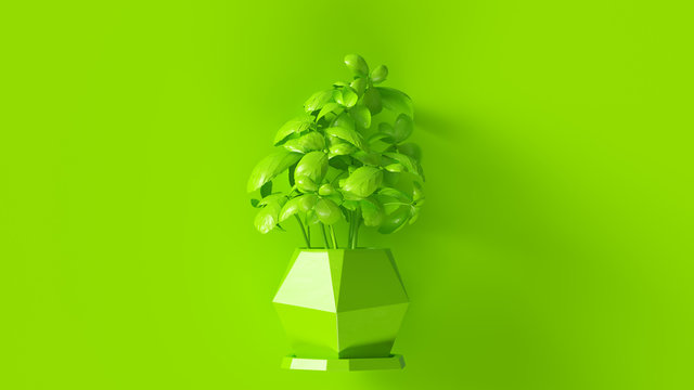 Lime Green Basil Plant With Lime Green Plant Pot 3d Illustration 3d Render