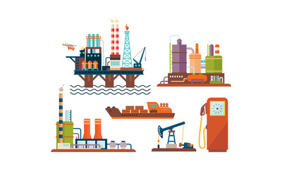 Flat vector set of oil and gas production industry icons. Oil platform, ship, factory buildings and fuel dispenser