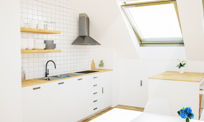 minimal white kitchen on attic - obrazy, fototapety, plakaty