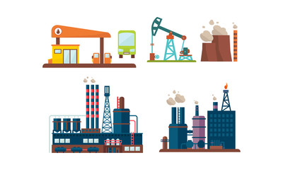 Obraz premium Flat vector set of oil industry icons. Gas station, factory buildings, drilling rig. Extraction and transportation theme