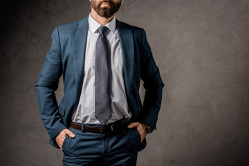 Fototapeta premium cropped view of businessman in formalwear with hands in pockets