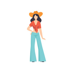 Young beautiful woman wearing vintage clothing and hat, retro fashion people from 70s vector Illustration on a white background