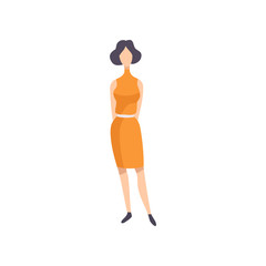 Young brunette woman wearing vintage dress, retro fashion people from 70s vector Illustration on a white background