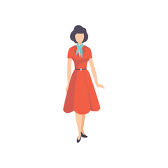 Young woman wearing retro red dress, vintage fashion people from 70s vector Illustration on a white background