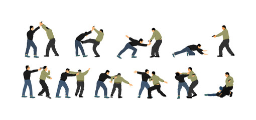Self defense battle vector illustration. Man fighting against aggressor with gun or pistol. Krav maga demonstration in real situation. Combat for life against terrorist. Army skill action.