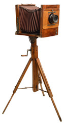 Vintage wood foldable camera on wooden tripod 