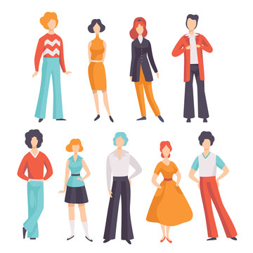 Collection Of Young Men And Women Wearing Vintage Clothing, Retro Fashion People From 70s Vector Illustration On A White Background