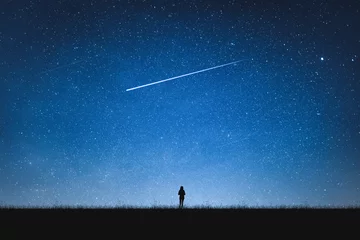 Tuinposter Silhouette of girl standing on mountain and night sky with shooting star. Alone concept. © Lemonsoup14