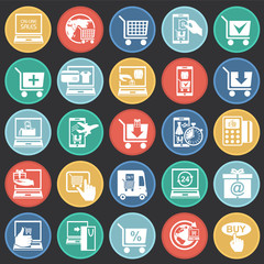 Online shopping icons set on color circles black background for graphic and web design, Modern simple vector sign. Internet concept. Trendy symbol for website design web button or mobile app