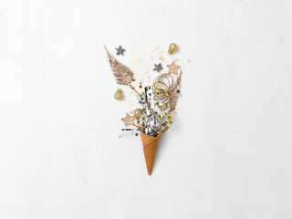 new year background with ice cream cone and items on white background