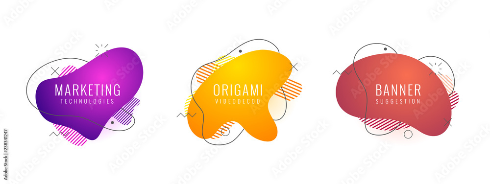 Poster set of liquid color abstract geometric shapes. fluid gradient elements for minimal banner, logo, soc