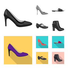 Vector illustration of footwear and woman symbol. Collection of footwear and foot stock symbol for web.