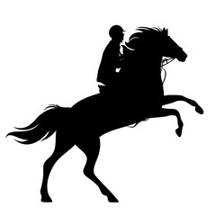 horse and rider black vector silhouette - rearing up animal and horseman outline