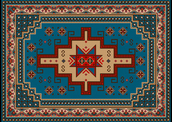 Luxury vintage oriental carpet with blue, red, brown,yellow and beige shades on black background
