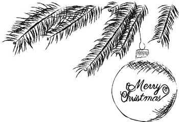 Hand drawn vector illustration merry christmas tree with ball on white background