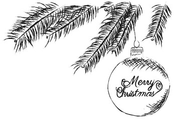 Hand drawn illustration merry christmas tree with ball on white background