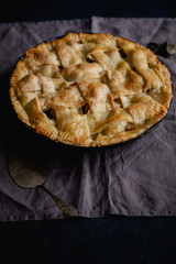 Apple pie with lattice decoration on dark background