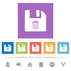 Delete file flat white icons in square backgrounds
