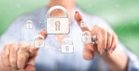 Woman touching a network security concept