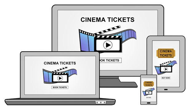 Online cinema tickets booking concept on different devices