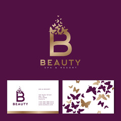 Gold B letter with flying butterflies. Beauty logo. Emblem for Spa, Cosmetics, Fashion, Tailor shop or Jewelry. Identity. Business Card.