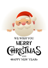 Happy cute Santa Claus stands behind signboard advertisement banner with text Merry Christmas and Happy New Year