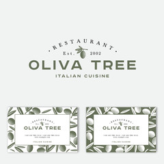 Oliva tree logo at engraving Style. Olive illustration with letters. Business Card. Pattern of Ripe olives and leaves on a green background.