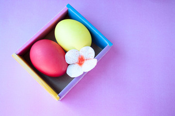 Red and yellow easter egg with flower in box on pink background