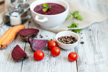 Vegetable soup made from beets and carrots, vegetarian food. Healthy lifestyle.