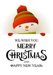 Cute snowman stands behind signboard advertisement banner with text Merry Christmas and Happy New Year