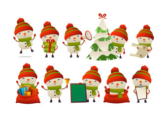 Collection of happy cute Christmas snowman isolated