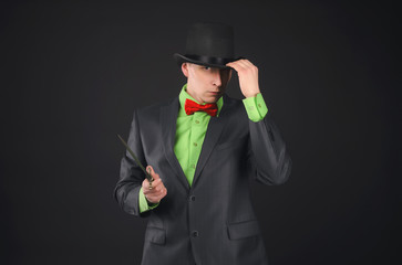 Retro style gangster man with a dagger isolated on black background.