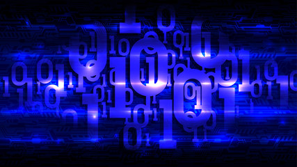 Blue matrix binary code on dark background of abstract circuit board, digital code in abstract futuristic cyberspace, cloud storage, big data, artificial intelligence, iot, vector illustration