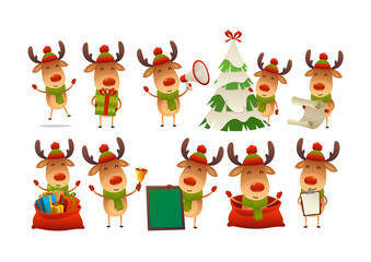 Collection of happy cute Christmas reindeer isolated vector