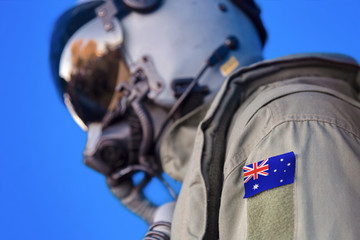 Jet aircraft pilot flight suit uniform with Australia flag patch.