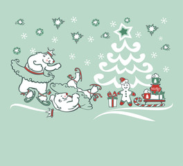 christmas card with polar bear and gingerbread man