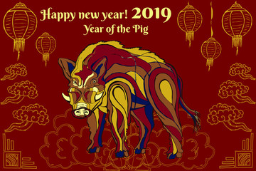 year; new; boar; chinese; pig; wild; vector; illustration; background; zodiac; happy; gold; sign; symbol; design; animal; card; red; lunar; decoration; greetingchina; art; asian; banner; celebration; 