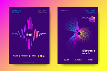 Music Posters with Equalizer and Wave Colorful Distorted Lines.